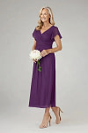 Akaks Adeline Grape Color Mother of the Bride Dresses A-Line V-Neck Tea Length Ruffles Cap Sleeves Pleated Chiffon Dress Image190923