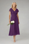 Akaks Adeline Grape Color Mother of the Bride Dresses A-Line V-Neck Tea Length Ruffles Cap Sleeves Pleated Chiffon Dress Image731522