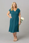 Akaks Adeline Ink Blue Slimming Plus Size Mother of the Bride Dresses A-Line V-Neck Tea Length Ruffles Cap Sleeves Pleated Chiffon Dress Image730356