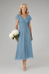 Akaks Adeline Mother of the Bride Dresses Steel Blue A-Line V-Neck Tea Length Ruffles Cap Sleeves Pleated Chiffon Dress Image596208