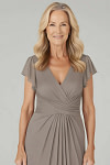 Akaks Adeline Mother of the Bride Dresses in Taupe A-Line V-Neck Tea Length Ruffles Cap Sleeves Pleated Chiffon Dress Image489047