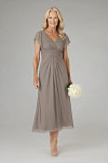 Akaks Adeline Mother of the Bride Dresses in Taupe A-Line V-Neck Tea Length Ruffles Cap Sleeves Pleated Chiffon Dress Image718286