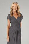 Akaks Adeline Plus Size Mother of the Bride Dress Dark Grey A-Line V-Neck Tea Length Ruffles Cap Sleeves Pleated Chiffon Dress Image541183