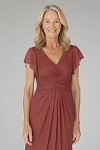 Akaks Adeline Rust Colored Mother of the Bride Dress A-Line V-Neck Tea Length Ruffles Cap Sleeves Pleated Chiffon Dress Image420609