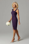 Akaks Agatha Plum Colored Mother of the Bride Dresses Sheath Asymmetrical Cap Sleeves Knee Length Stretch Crepe Dress Image376332