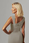 Akaks Agatha Taupe Mother of the Groom Dress Sheath Asymmetrical Cap Sleeves Knee Length Stretch Crepe Dress Image111503