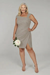 Akaks Agatha Taupe Mother of the Groom Dress Sheath Asymmetrical Cap Sleeves Knee Length Stretch Crepe Dress Image686766