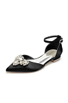Akaks Ankle Strap Low Block Heels Vail Bridal Flats Black Satin with Sparkling Rhinestone and Pointed Toe​​ Image620515