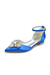 Akaks Ankle Strap Low Block Heels Vail Bridal Flats Royal Blue Satin with Sparkling Rhinestone and Pointed Toe Image797712