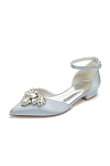 Akaks Ankle Strap Low Block Heels Vail Bridal Flats Silver Satin with Sparkling Rhinestone and Pointed Toe​​ Image464449