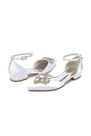 Akaks Ankle Strap Low Block Heels Vail Bridal Flats White Satin with Sparkling Rhinestone and Pointed Toe Image851679