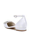 Akaks Ankle Strap Low Block Heels Vail Bridal Flats White Satin with Sparkling Rhinestone and Pointed Toe Image878876