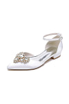 Akaks Ankle Strap Low Block Heels Vail Bridal Flats White Satin with Sparkling Rhinestone and Pointed Toe Image987559