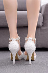 Akaks Aurel White Lace Open Toe High Heels Sandals with Pearls Image465338