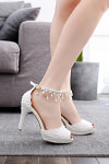 Akaks Aurel White Lace Open Toe High Heels Sandals with Pearls Image490250