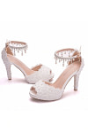 Akaks Aurel White Lace Open Toe High Heels Sandals with Pearls Image576776