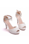 Akaks Aurel White Lace Open Toe High Heels Sandals with Pearls Image795111
