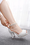 Akaks Aurel White Lace Open Toe High Heels Sandals with Pearls Image829245