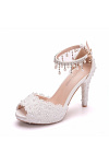 Akaks Aurel White Lace Open Toe High Heels Sandals with Pearls Image914420
