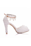 Akaks Aurel White Lace Open Toe High Heels Sandals with Pearls Image962388