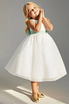 Akaks Blythe Flower Girl Dress Agave A-Line Scoop Neck Tea Length Tulle Dress with Detachable Bow Image865461