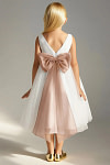 Akaks Blythe Flower Girl Dress Champagne Rose A-Line Scoop Neck Tea Length Tulle Dress with Detachable Bow Image292347