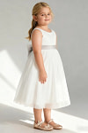 Akaks Blythe Flower Girl Dress Frost A-Line Scoop Neck Tea Length Tulle Dress with Detachable Bow Image116614