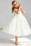 Akaks Blythe Flower Girl Dress White A-Line Scoop Neck Tea Length Tulle Dress with Detachable Bow Image246587
