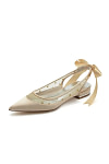 Akaks Champagne Mesh Pointed Toe Block Heel Uia Wedding Flats with Bow Image569925
