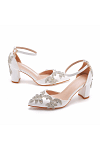Akaks Corinne White Pointed Toe Ankle Strap Bridal Shoes Block Heel With Crystal Heel Height 2.95inch Image209332