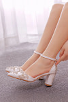 Akaks Corinne White Pointed Toe Ankle Strap Bridal Shoes Block Heel With Crystal Heel Height 2.95inch Image270611