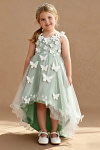 Akaks Eria Agave Green Flower Girl Dress A-Line Lace Tulle Asymmetrical Hem Sleeveless V-neck 3D White Flowers Dress Image243752