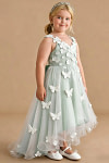 Akaks Eria Agave Green Flower Girl Dress A-Line Lace Tulle Asymmetrical Hem Sleeveless V-neck 3D White Flowers Dress Image735148