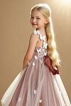 Akaks Eria Auburn Flower Girl Dress A-Line V-neck Lace Tulle Asymmetrical Hem Sleeveless 3D White Flowers Dress Image110297