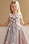Akaks Eria Auburn Flower Girl Dress A-Line V-neck Lace Tulle Asymmetrical Hem Sleeveless 3D White Flowers Dress Image776768
