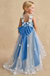 Akaks Eria Blue Jay Flower Girl Dress A-Line V-neck Lace Tulle Asymmetrical Hem Sleeveless 3D White Flowers Dress Image281674
