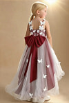 Akaks Eria Burgundy Flower Girl Dress A-Line V-neck Lace Tulle Asymmetrical Hem Sleeveless 3D White Flowers Dress Image885017