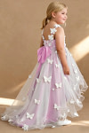 Akaks Eria Candy Pink Flower Girl Dress A-Line V-neck Lace Tulle Asymmetrical Hem Sleeveless 3D White Flowers Dress Image533335
