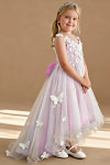 Akaks Eria Candy Pink Flower Girl Dress A-Line V-neck Lace Tulle Asymmetrical Hem Sleeveless 3D White Flowers Dress Image567852