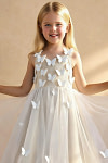 Akaks Eria Champagne Flower Girl Dress A-Line V-neck Lace Tulle Asymmetrical Hem Sleeveless 3D White Flowers Dress Image338226