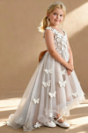 Akaks Eria Champagne Rose Flower Girl Dress A-Line V-neck Lace Tulle Asymmetrical Hem Sleeveless 3D White Flowers Dress Image589070