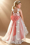 Akaks Eria Coral Flower Girl Dress A-Line V-neck Lace Tulle Asymmetrical Hem Sleeveless 3D White Flowers Dress Image170305