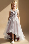 Akaks Eria Desert Rose Flower Girl Dress A-Line V-neck Lace Tulle Asymmetrical Hem Sleeveless 3D White Flowers Dress Image623011