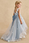 Akaks Eria Dusty Blue Flower Girl Dress A-Line V-neck Lace Tulle Asymmetrical Hem Sleeveless 3D White Flowers Dress Image505530
