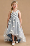 Akaks Eria Dusty Blue Flower Girl Dress A-Line V-neck Lace Tulle Asymmetrical Hem Sleeveless 3D White Flowers Dress Image820099