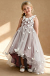 Akaks Eria Dusty Rose Flower Girl Dress A-Line V-neck Lace Tulle Asymmetrical Hem Sleeveless 3D White Flowers Dress Image201316
