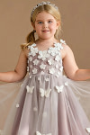 Akaks Eria Dusty Rose Flower Girl Dress A-Line V-neck Lace Tulle Asymmetrical Hem Sleeveless 3D White Flowers Dress Image491326