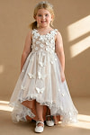 Akaks Eria English Rose Flower Girl Dress A-Line V-neck Lace Tulle Asymmetrical Hem Sleeveless 3D White Flowers Dress Image107650