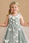 Akaks Eria Eucalyptus Flower Girl Dress A-Line Lace Tulle Asymmetrical Hem Sleeveless V-neck 3D White Flowers Dress Image538449