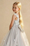 Akaks Eria Frost Flower Girl Dress A-Line V-neck Lace Tulle Asymmetrical Hem Sleeveless 3D White Flowers Dress Image129327